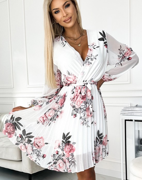 Ефирна рокля с плисета в бял цвят 415-2 - Sabrina.bg