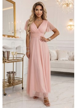 Дълга рокля с брокат в цвят праскова 635-7