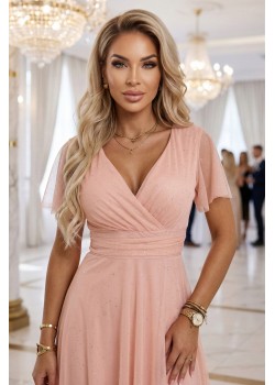 Дълга рокля с брокат в цвят праскова 635-7