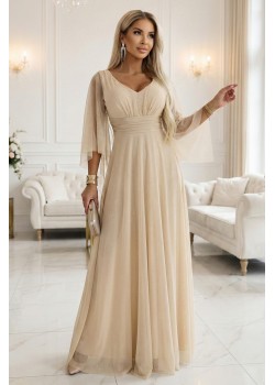  Дълга рокля с тюл в бежов цвят 655-4