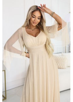  Дълга рокля с тюл в бежов цвят 655-4