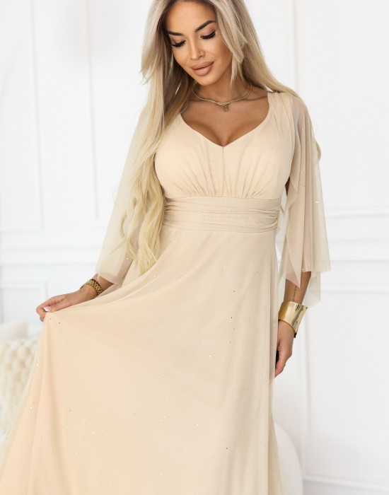  Дълга рокля с тюл в бежов цвят 655-4